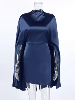 Satin Cape Sleeve High Neck Bodycon Mini Dress For Women 2026
