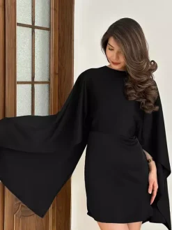 Satin Cape Sleeve High Neck Bodycon Mini Dress For Women 2026