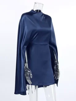 Satin Cape Sleeve High Neck Bodycon Mini Dress For Women 2026