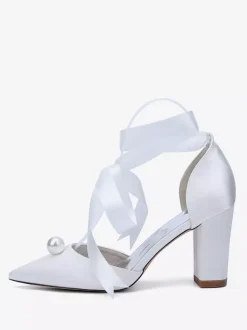 Satin Chunky Heel Wedding Shoes Pointed Toe Pearl Lace Up Bridal Shoes