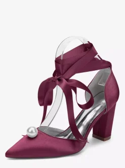 Satin Chunky Heel Wedding Shoes Pointed Toe Pearl Lace Up Bridal Shoes