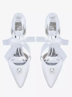 Satin Chunky Heel Wedding Shoes Pointed Toe Pearl Lace Up Bridal Shoes