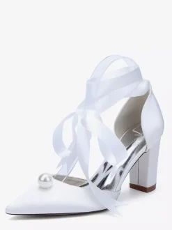 Satin Chunky Heel Wedding Shoes Pointed Toe Pearl Lace Up Bridal Shoes