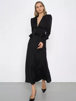 Satin Deep V Puff Shoulder Ruffle Hem Cropped Blouse Long Sleeve Slim Top