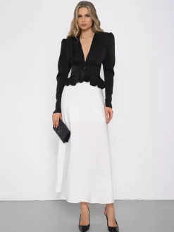 Satin Deep V Puff Shoulder Ruffle Hem Cropped Blouse Long Sleeve Slim Top