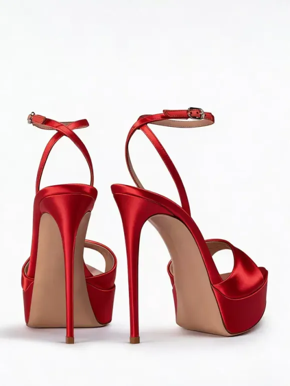 Satin High Heel Sandals Black Open Toe Ankle Strap Party Shoes