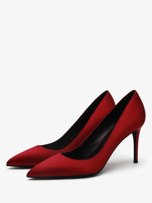 Satin High Heels Black Pointed Toe Stiletto Heel Pumps