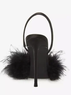 Satin High Heels Faux Feather Pointed Toe Slingback Pumps For Women
