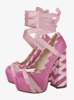 Satin High Heels Platform Round Toe Lace Up Chunky Heel Pumps