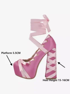 Satin High Heels Platform Round Toe Lace Up Chunky Heel Pumps