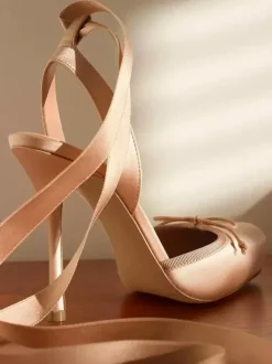 Satin High Heels Square Toe Bow Lace Up Ballet Pumps For Women 2026