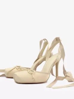 Satin High Heels Square Toe Bow Lace Up Ballet Pumps For Women 2026