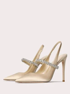 Satin Prom Shoes Black Rhinestones Pointed Toe Stiletto Heel Slingback Pumps