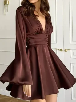 Satin Skater Dress Deep V-neck Long Bell Sleeve Pleated Spring Sexy Mini Swing Dress For Women 2026