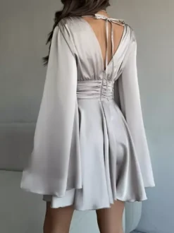 Satin Skater Dress Deep V-neck Long Bell Sleeve Pleated Spring Sexy Mini Swing Dress For Women 2026