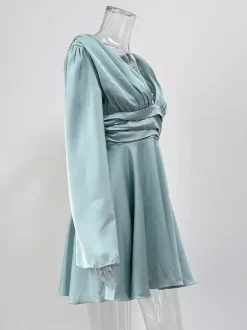 Satin Skater Dress Deep V-neck Long Bell Sleeve Pleated Spring Sexy Mini Swing Dress For Women 2026