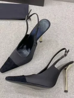 Satin Slingback Pumps Black Square Toe Stiletto Heel Pumps
