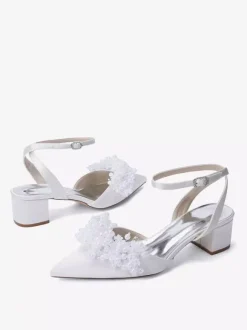 Satin Wedding Shoes Chunky Heel Pearls Ankle Strap Bridal Shoes