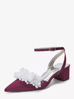Satin Wedding Shoes Chunky Heel Pearls Ankle Strap Bridal Shoes