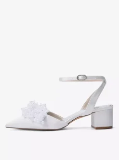 Satin Wedding Shoes Chunky Heel Pearls Ankle Strap Bridal Shoes