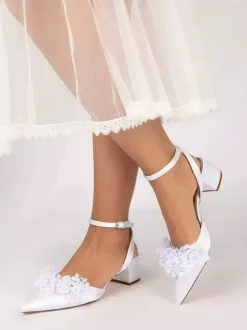 Satin Wedding Shoes Chunky Heel Pearls Ankle Strap Bridal Shoes