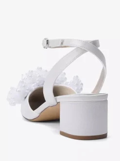 Satin Wedding Shoes Chunky Heel Pearls Ankle Strap Bridal Shoes