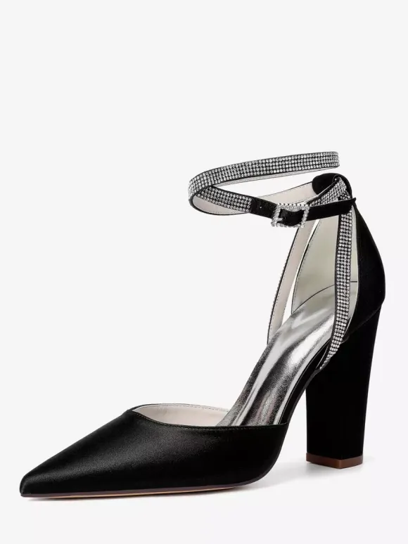 Satin Wedding Shoes Pointed Toe Rhinestones Ankle Strap Bridal Shoes