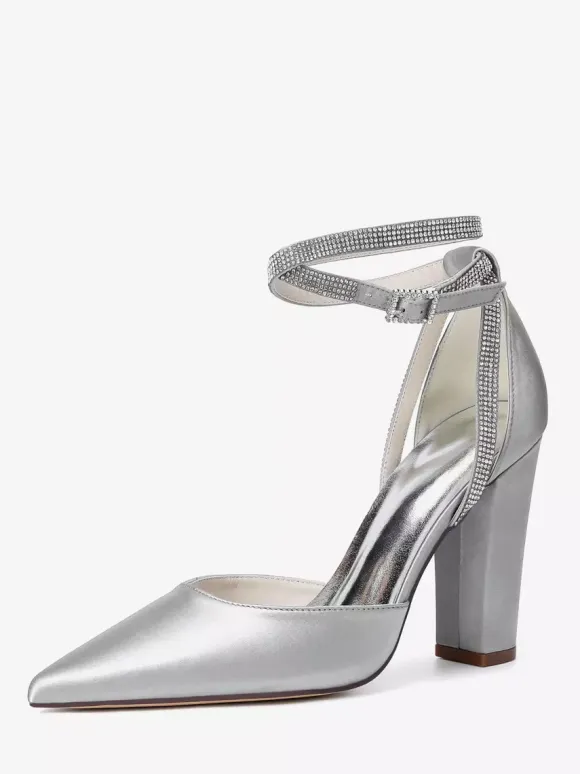 Satin Wedding Shoes Pointed Toe Rhinestones Ankle Strap Bridal Shoes
