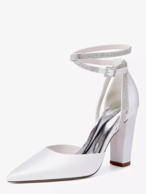Satin Wedding Shoes Pointed Toe Rhinestones Ankle Strap Bridal Shoes