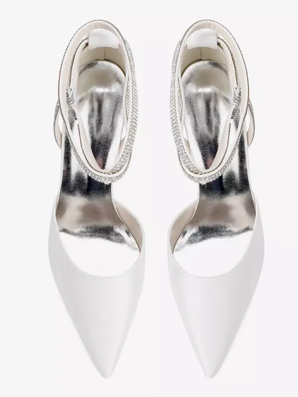 Satin Wedding Shoes Pointed Toe Rhinestones Ankle Strap Bridal Shoes