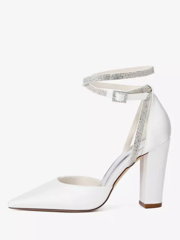 Satin Wedding Shoes Pointed Toe Rhinestones Ankle Strap Bridal Shoes