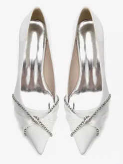 Satin Wedding Shoes Pointed Toe Rhinestones Knotted Chunky Heel Slip On Pumps