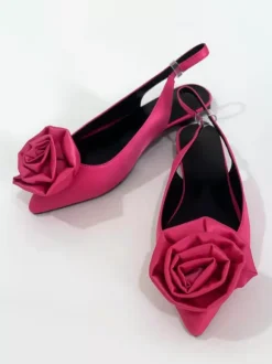 Satin Ballet Flats Women's Pointed Toe Flowers Detail Slip On Pumps