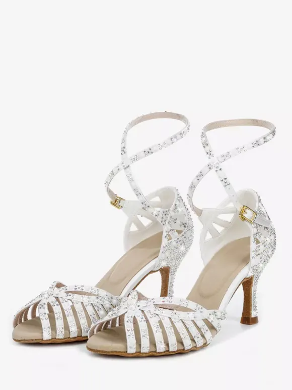 Satin Ballroom Dance Shoes Women's Open Toe Rhinestones Criss Cross Latin Dance Shoes