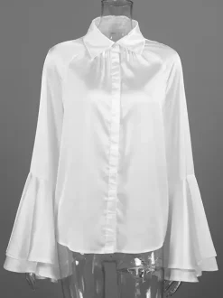 Satin Bell Sleeve Blouse Women Elegant Shirt - White Silk Like Flare Cuff Button Down - Spring Desk-to-Dinner 2026