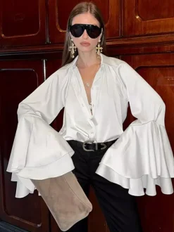 Satin Bell Sleeve Blouse Women Elegant Shirt - White Silk Like Flare Cuff Button Down - Spring Desk-to-Dinner 2026