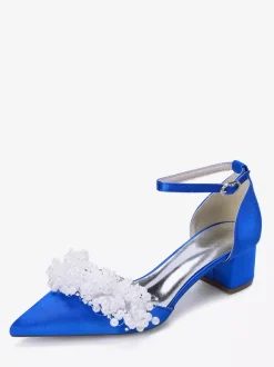 Satin Bridal Shoes Pointed Toe Pearls Chunky Heel Wedding Shoes
