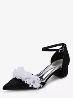 Satin Bridal Shoes Pointed Toe Pearls Chunky Heel Wedding Shoes
