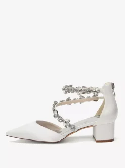 Satin Bridal Shoes Pointed Toe Rhinestones Strappy Chunky Heel Pumps