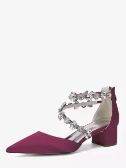 Satin Bridal Shoes Pointed Toe Rhinestones Strappy Chunky Heel Pumps