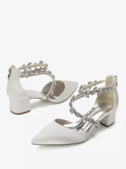 Satin Bridal Shoes Pointed Toe Rhinestones Strappy Chunky Heel Pumps