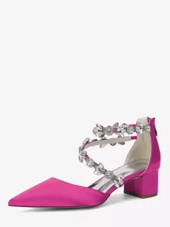 Satin Bridal Shoes Pointed Toe Rhinestones Strappy Chunky Heel Pumps