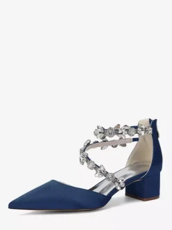 Satin Bridal Shoes Pointed Toe Rhinestones Strappy Chunky Heel Pumps