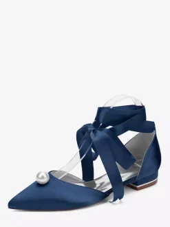Satin Bridal Shoes Pointed Toe Pearls Lace Up Wedding Guest Shoes