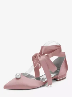 Satin Bridal Shoes Pointed Toe Pearls Lace Up Wedding Guest Shoes