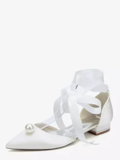 Satin Bridal Shoes Pointed Toe Pearls Lace Up Wedding Guest Shoes