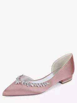 Satin Flat Wedding Shoes Pointed Toe Rhinestones Slip On Bridal Shoes