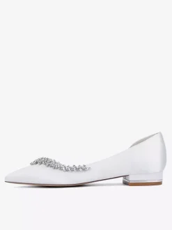 Satin Flat Wedding Shoes Pointed Toe Rhinestones Slip On Bridal Shoes