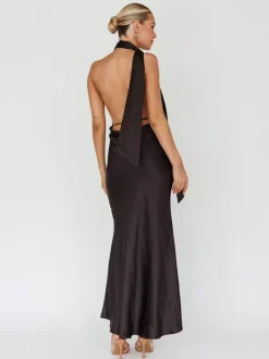 Satin Halter Maxi Dress For Women - Elegant Backless Deep V Neck Mermaid Gown With Scarf - Summer Wedding Guest 2026