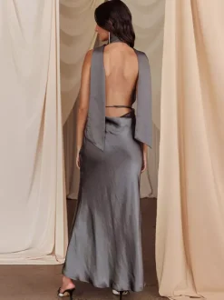 Satin Halter Maxi Dress For Women - Elegant Backless Deep V Neck Mermaid Gown With Scarf - Summer Wedding Guest 2026